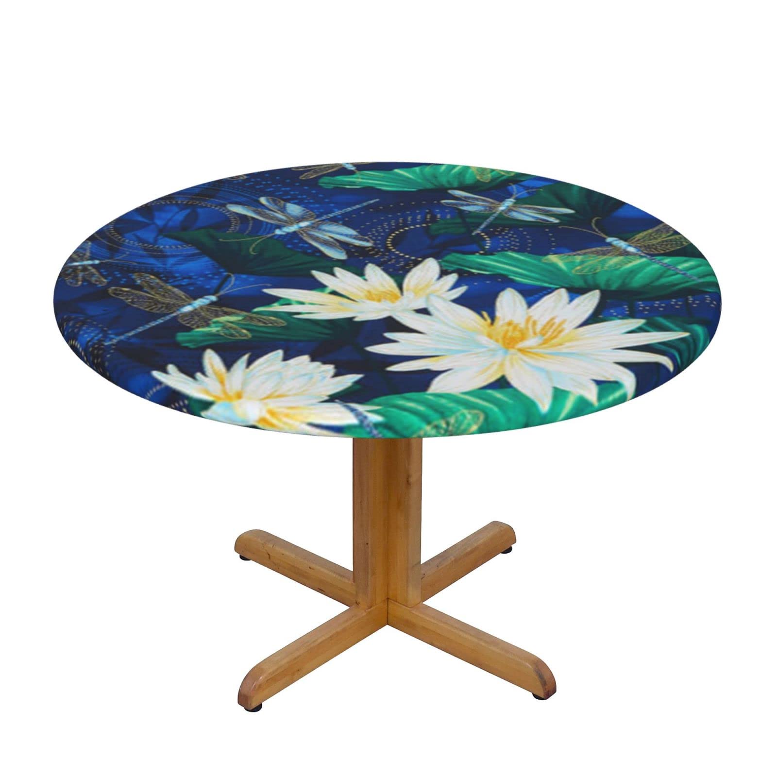 Lsjuee Round Fitted Tablecloth 45-50in Elastic Edged Table Cloth for Kitchen Dining Party Home Decor - Beautiful Dragonfly Lotus Blue
