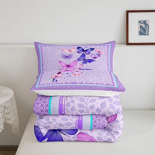 Miniatura 6 de Castle Fairy Juego de edredón de mariposas con flores moradas para niños, niñas, mujeres, adultos, plantas y hojas, juego de edredón acolchado con