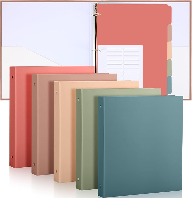 Ctosree 5 Sets 1 Inch 3 Ring Binder with 2 Pockets, Dividers, Retro Color | Letter Size 8.5 x 11, 5 Tab Dividers for Organizing, Plastic Film and File Folder Labels, Back to School Office Home