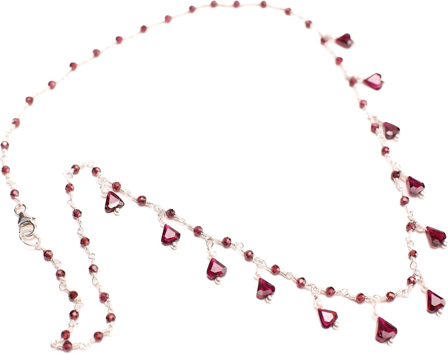 Genuine Garnet Faceted Merlot Red Clusters and Dangling 5x7mm Triangular Garnet Freshwater Pearl 925 Sterling Silver Necklace, Bridal Gift