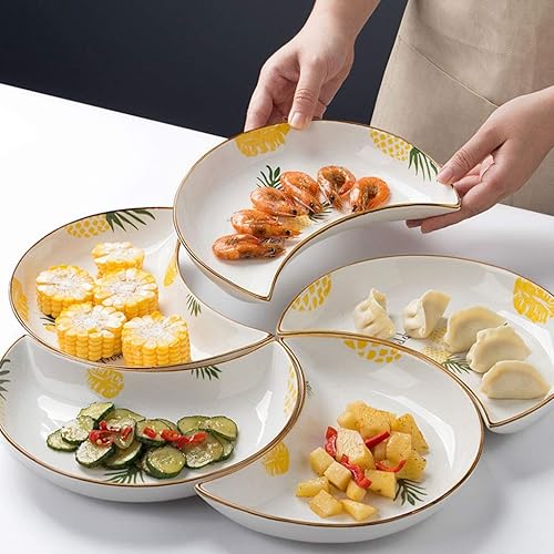 Miniatura 5 de Juego de 5 platos de cerámica en forma de media luna, platos de cocina apilables, aperitivos, cena, plato europeo (color piña)