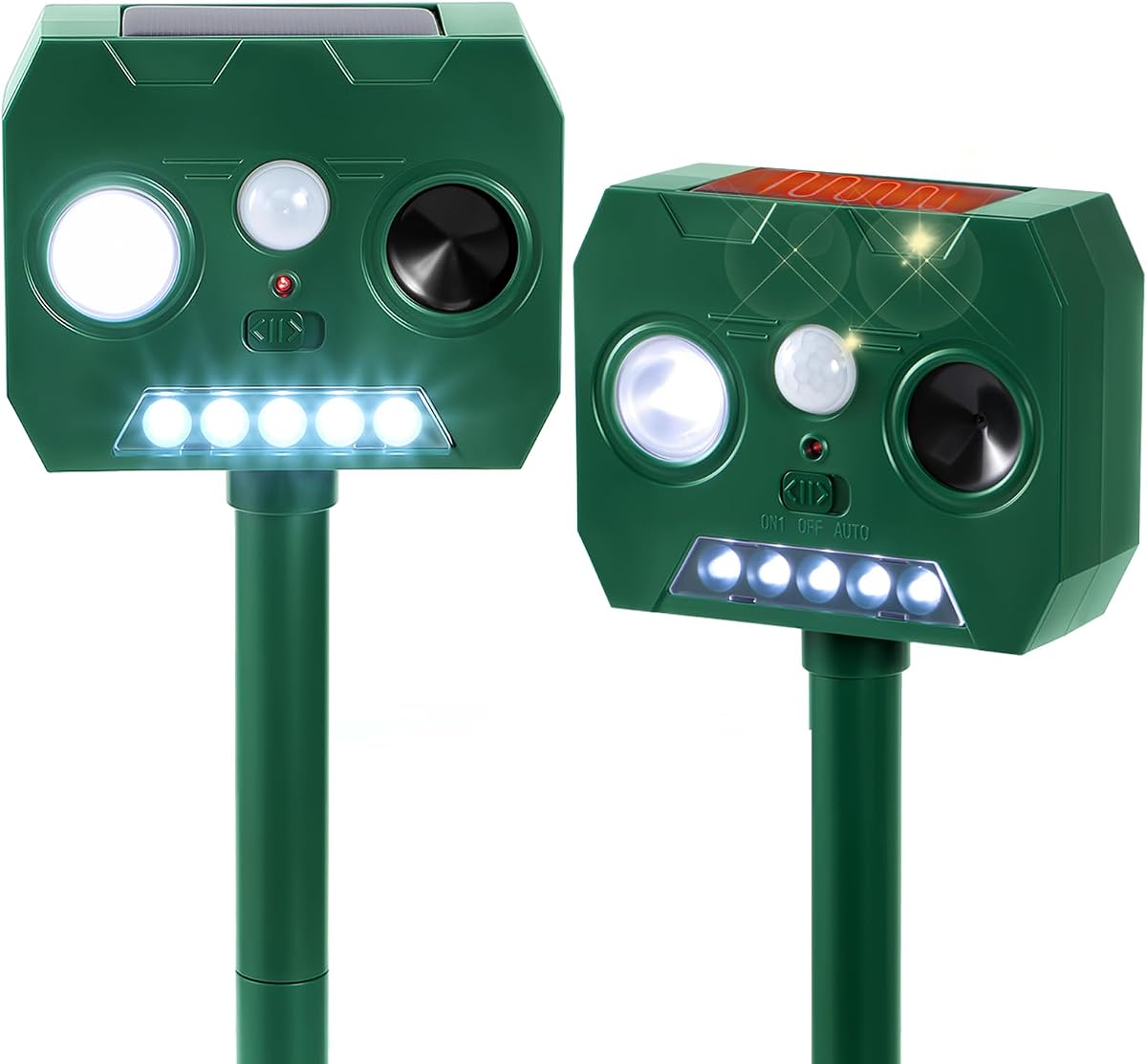Repelente solar ultrasónico de animales al aire libre, paquete de 2 dispositivos repelentes de gatos, ardillas, mapaches, pájaros, perros, ciervos con sensor de movimiento PIR y flash LED, disuasivo de animales impermeable para jardín, granja