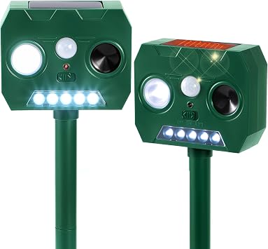 Solar Ultrasonic Animal Repellent Outdoor, 2 Pack Cat Squirrel Raccoon Bird Dog Deer Repellent Devices with PIR Motion Sensor & LED Flash, Waterproof Animal Deterrent for Garden Yard Farm