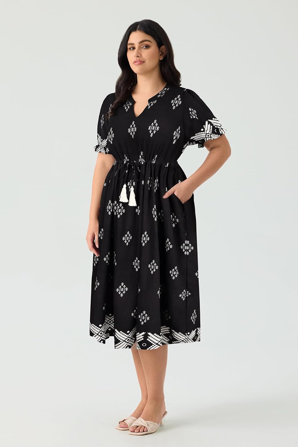 RITERA Plus Size Midi Dress for Women Casual V NeckShort Sleeve Ruffle Flowy Boho Drawstring Tassel Waist XL-5XL - Image 4