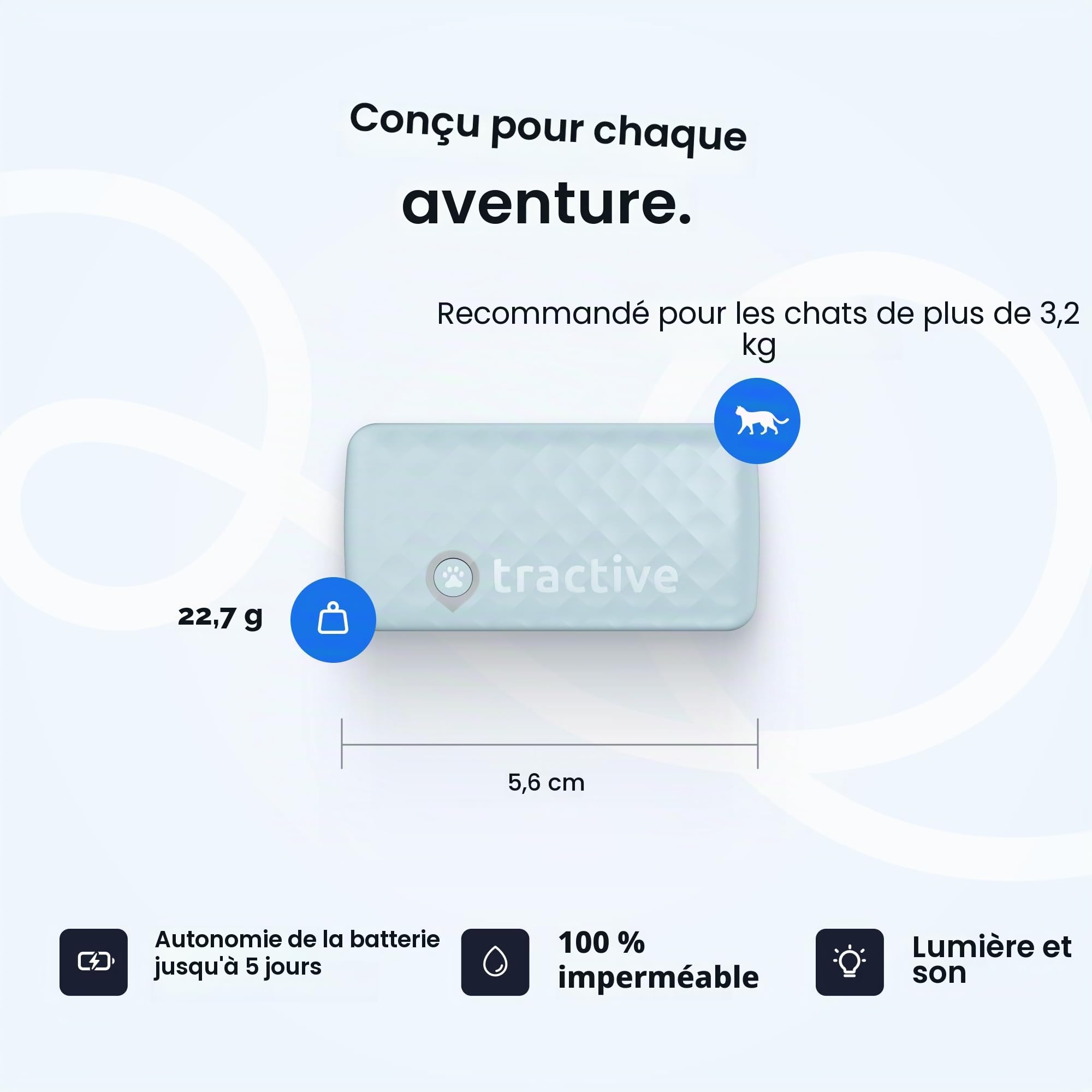 Tractive Collier de Suivi GPS Intelligent pour Chat | Localisation en Temps Réel et Surveillance de la Santé pour Chats de 2,9 kg et Plus | Historique du Territoire et de la Localisation | Batterie