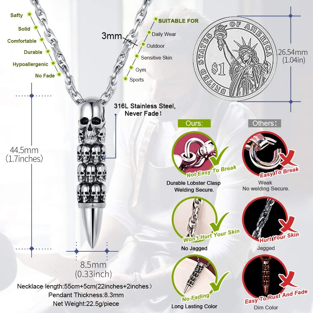 FaithHeart Collier Tete de Mort Homme Pendentif Crane Bijoux Tête de Crâne Gothique Acier Inoxydable avec Chaîne Réglable 55+5cm
