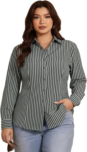 PERFECT PRODUCTIONS | Women Plus Size Grey Striped Shirt, Slim Fit Button Down Long Sleeve Collared Top with Lace Up Back