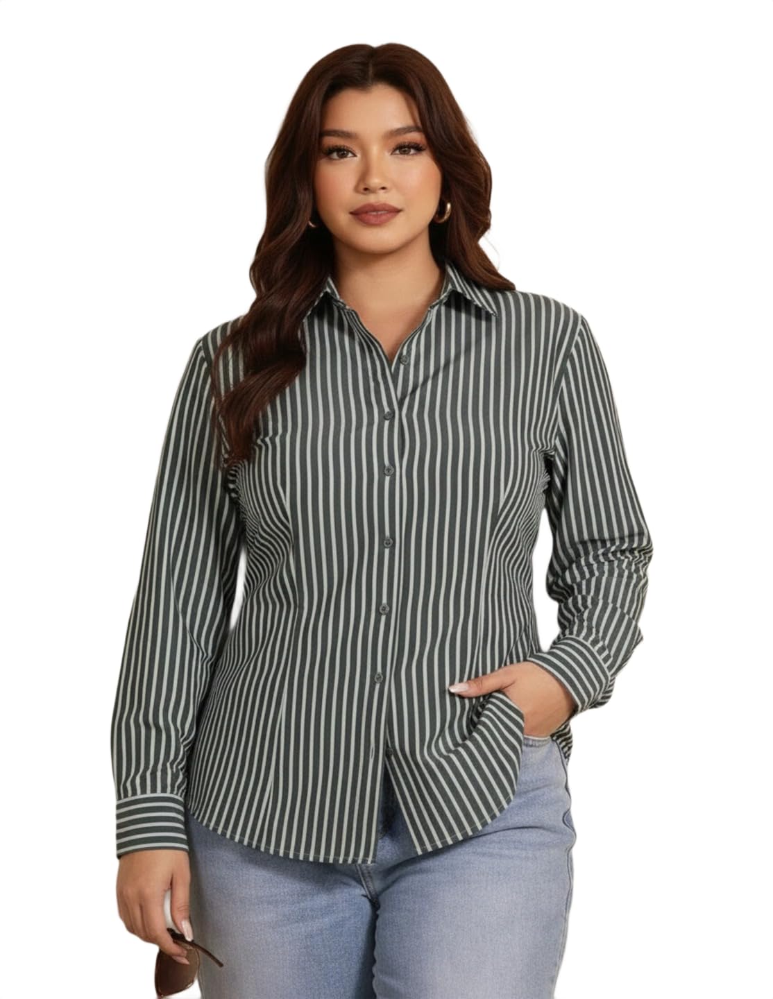 PERFECT PRODUCTIONS | Women Plus Size Grey Striped Shirt, Slim Fit Button Down Long Sleeve Collared Top with Lace Up Back