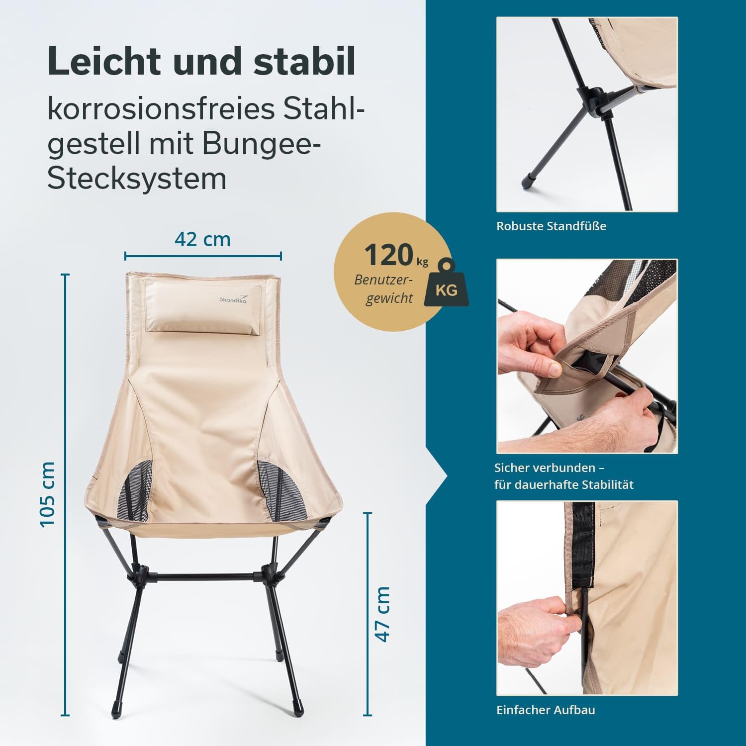Skandika Campingstuhl Solig | Klappstuhl faltbar, bis 120 kg belastbar, Stahlrahmen, Rückenlehne gepolstert, Mesh-Einsätze | Campingstühle, Klappstühle, Stuhl für Camping, Outdoor, Balkon (Beige)