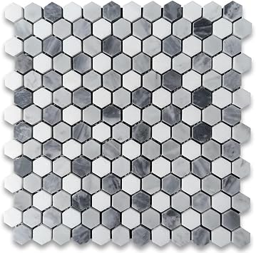 Stone Center Online Carrara White Marble 1 inch Monochrome Hexagon Mosaic Tile w/Bardiglio Gray Thassos White Honed Kitchen Bath Wall Floor Backsplash Shower 1 Sheet