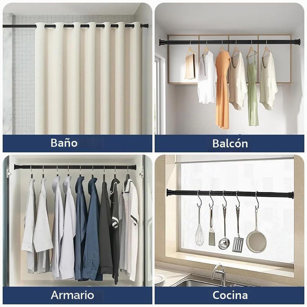 Barra Cortina Sin Taladrar,Barra Armario Extensible,Ajustable Entre 260 y 310 Cm,Diámetro De 32 Cm,Incluye Soporte, Negro Mate,Capacidad De Carga De 15 Kg,Apto Para Armarios,Balcones,Ventanas, Etc.