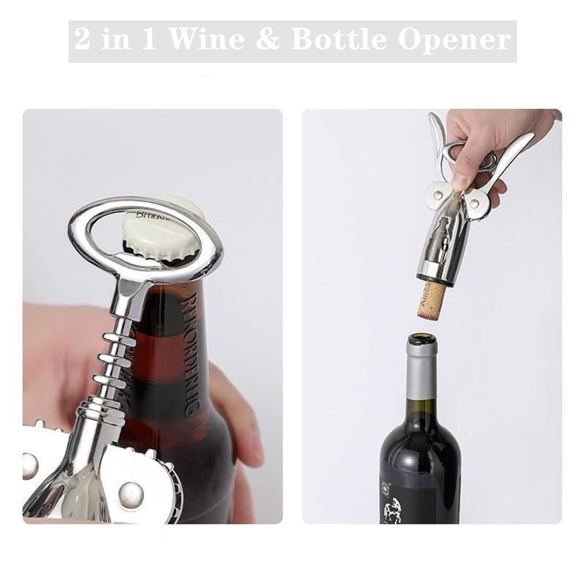 Abridor de vino con abrebotellas multifuncionales, aleación de zinc premium 2 en 1 abridor de botellas de vino (plata)