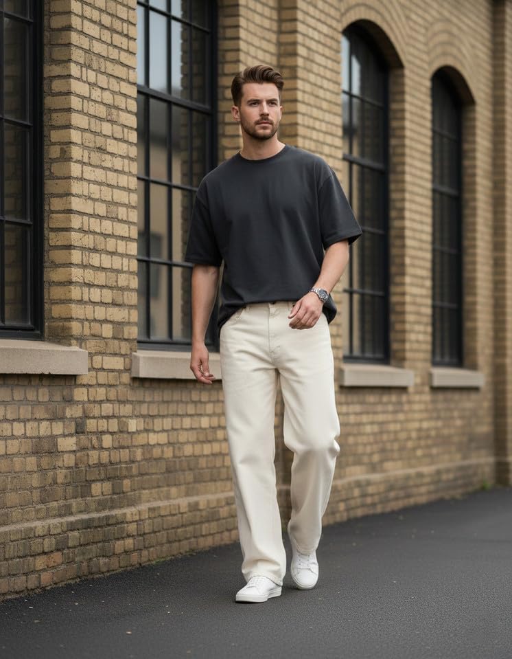 Image of Beige Baggy Men Jeans, Cotton Denim, Regular Fit, Straight Leg, Mid Rise, Stretchable, Casual