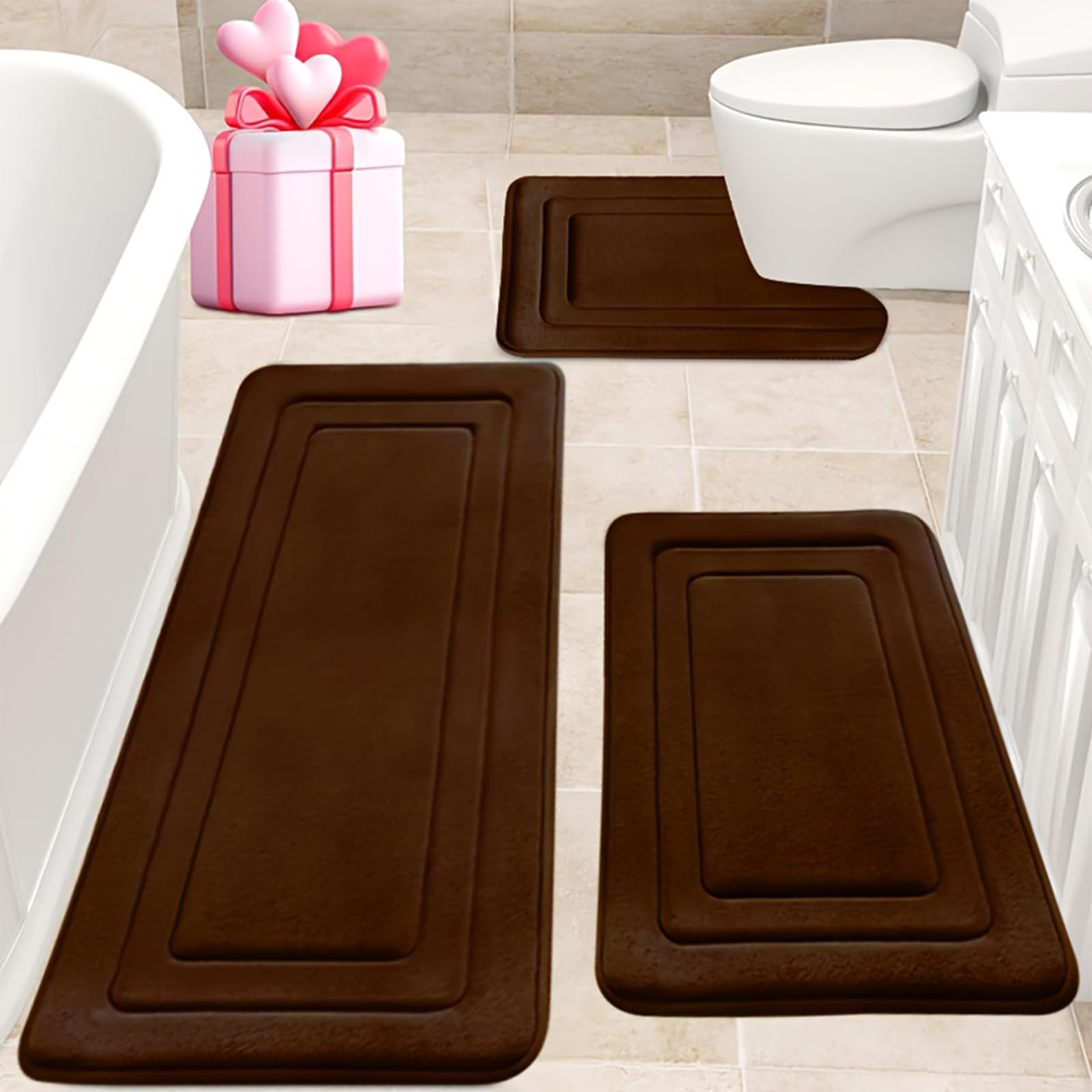 Wlian Memory Foam Bath Mat Set – 3 Piece Non-Slip Absorbent Water-Resistant Bath & Toilet Mat Set, Soft Bathroom Door Mat (Coffee 120×50cm + U50×60cm + 50×80cm)