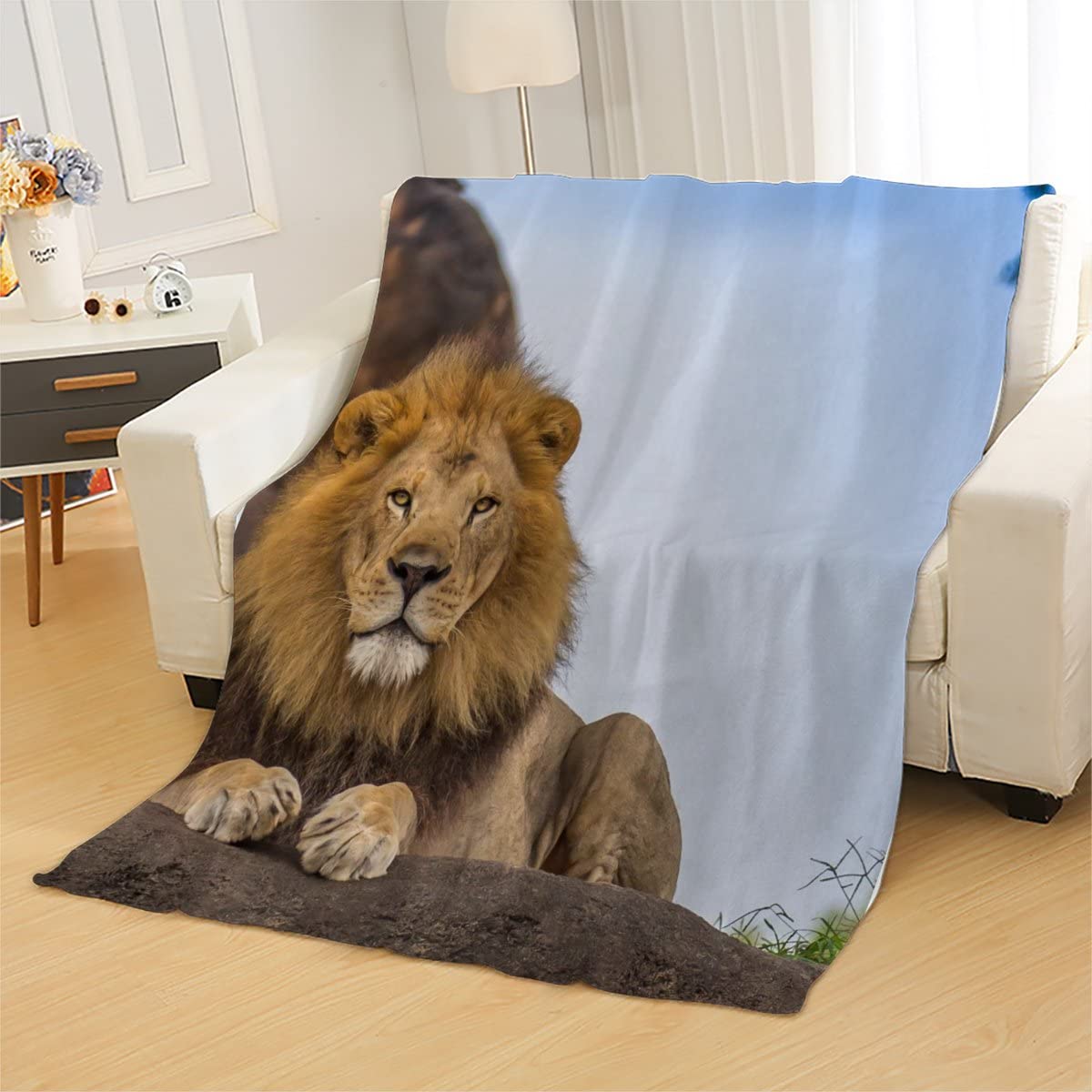 EMYXPAQM Löwen Kuscheldecke - Flauschige Wohlfühl-Decke Mit Sonnen-Motiv