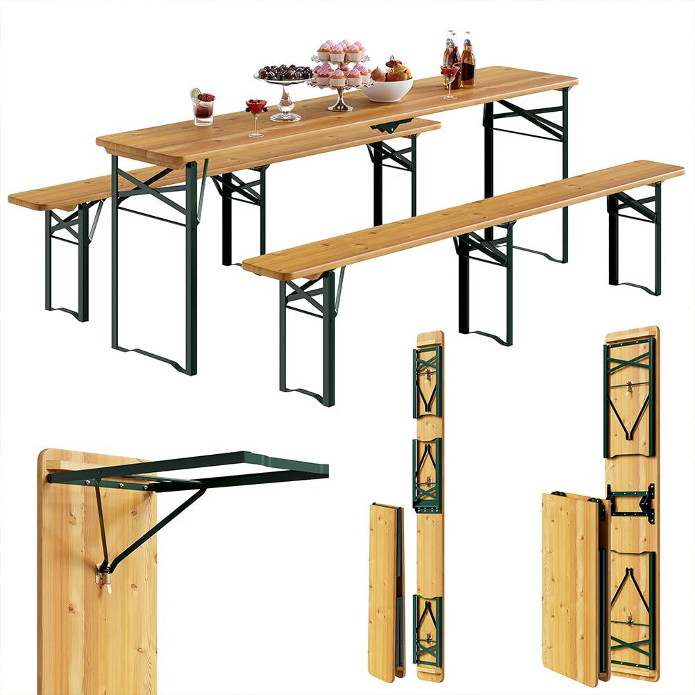 BAKAJI Set 3 Pezzi Birreria con Tavolo Pieghevole e Panche da Esterno, Struttura in Acciaio Comoda, Seduta Ergonomica e Resistente, Ideale per Giardino, Bar, Campeggio, Sagra (220 cm)
