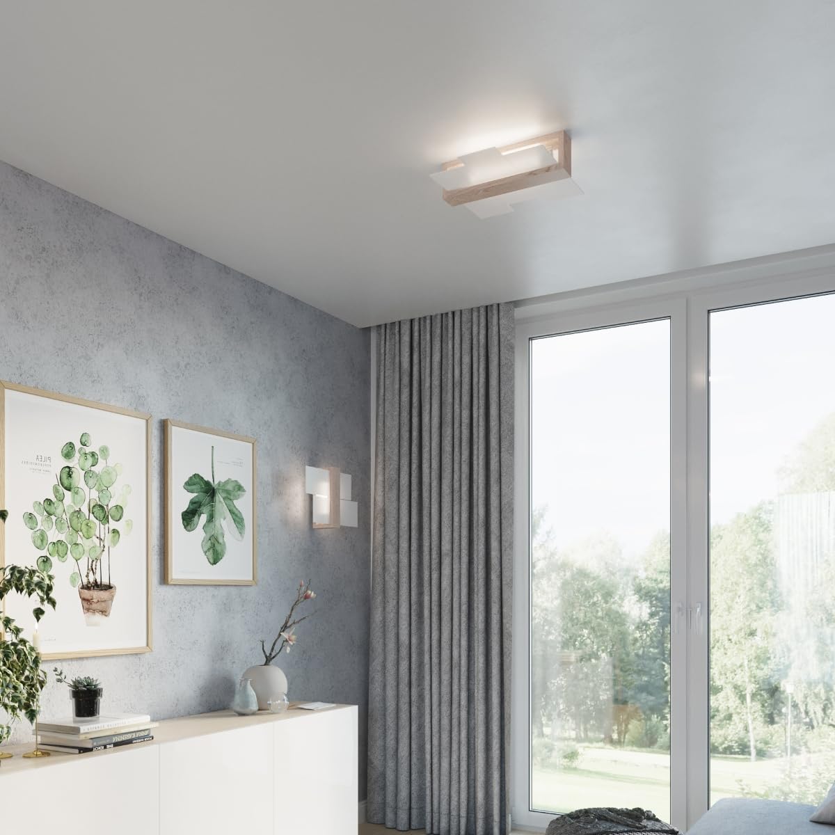 SOLLUX lighting Feniks 1 Lampada da parete | Elegante alloggiamento in legno + combinazione di paralume in vetro | Lampadina E27 sostituibile, 1 x 60 W | Legno naturale, 43 x 12 x 30 cm