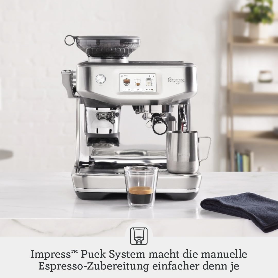 Sage The Barista Touch Impress Kaffeemaschine mit automatischer Milchaufschäumung, integriertem Mahlwerk & Cold Brew-Funktion, schwarzer Edelstahl