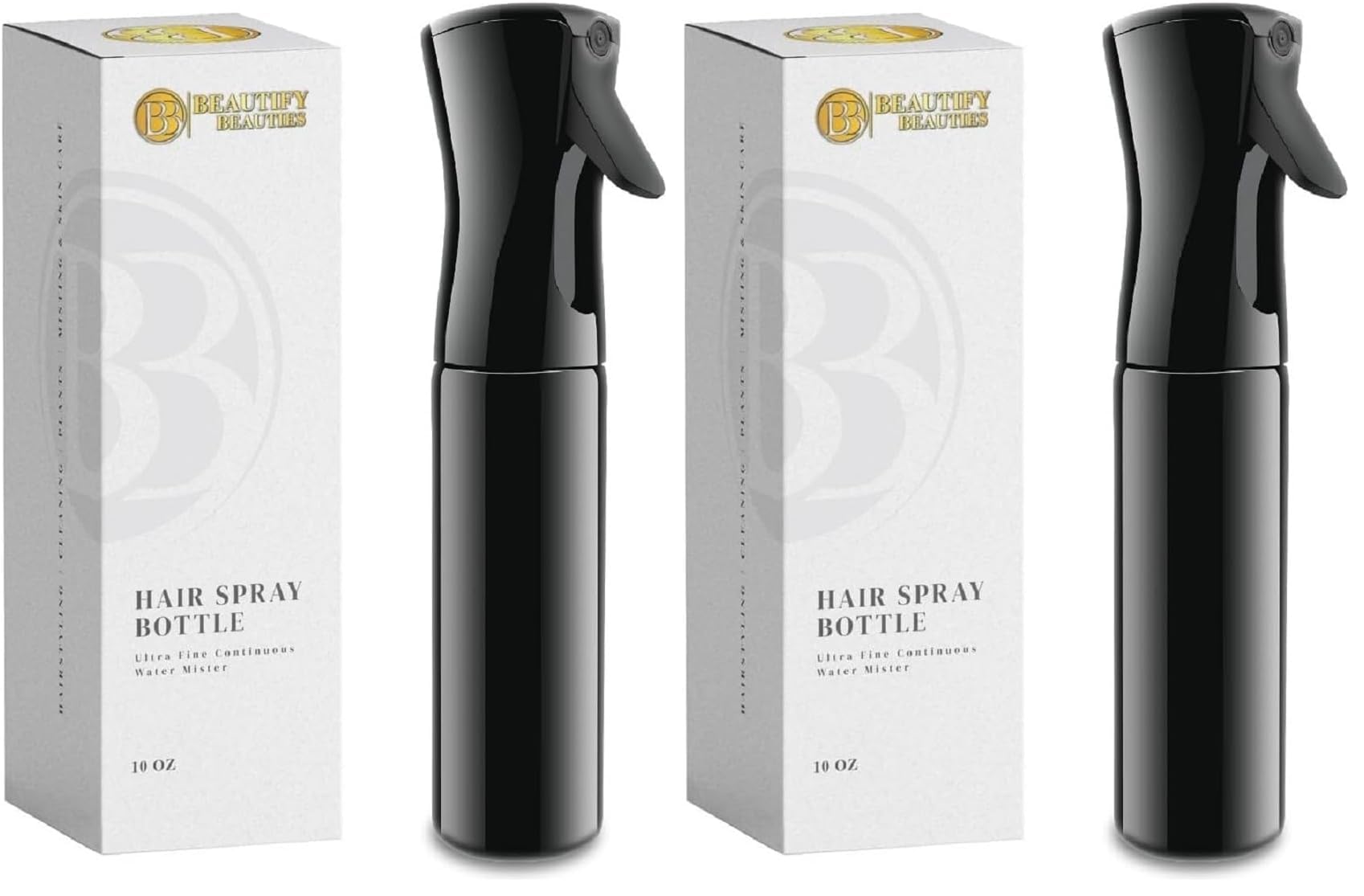 BeautifyBeauties Hair Spray Bottle – Ultra Fine Continuous Water Mister for Hairstyling, Cleaning, Plants, Misting &amp; Skin Care (Black, 10.1 Ounces) (Pack of 2)