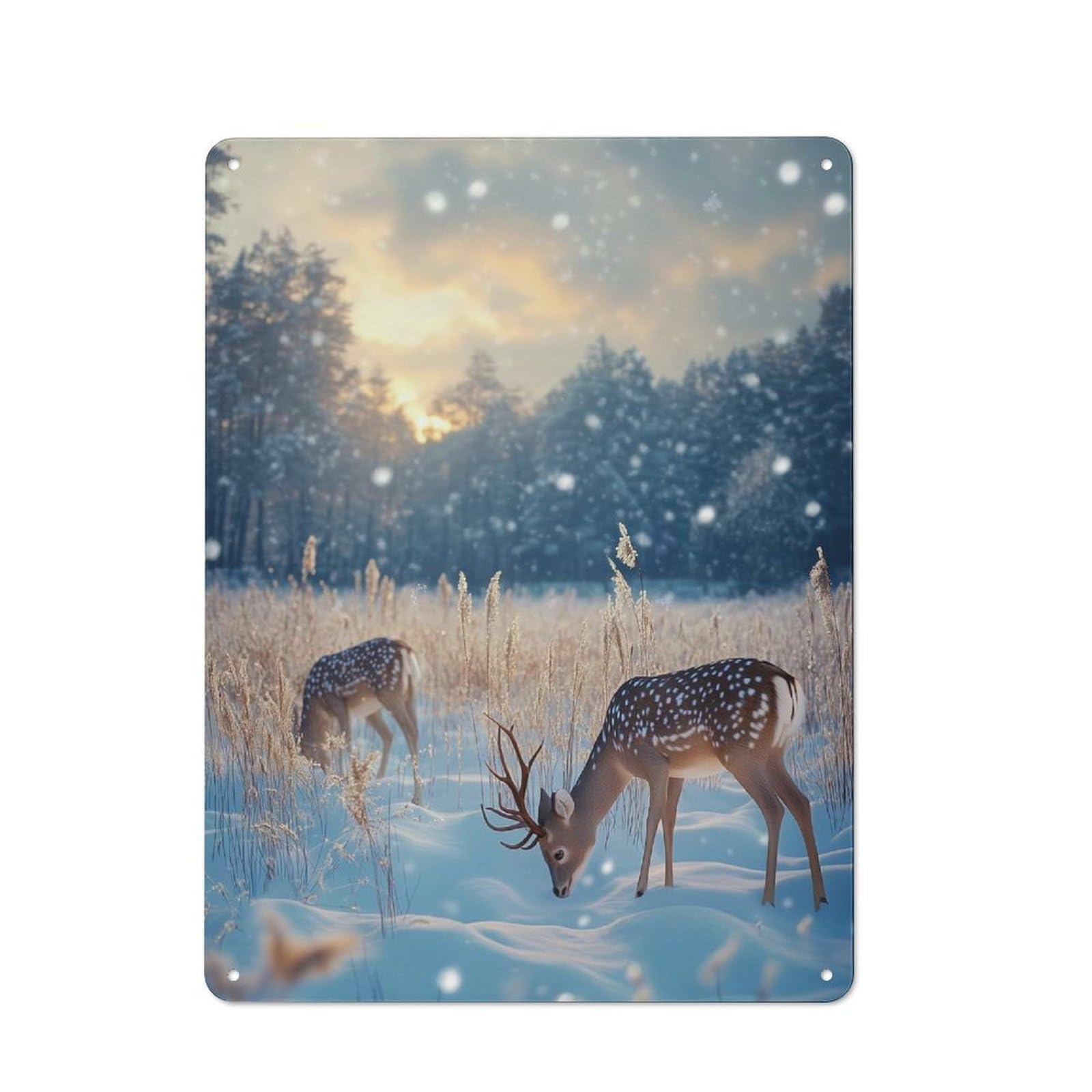 Junmoney Winter Deer In Snowy Forest Christmas Tin Wall Sign 40X30cm, Character Room Wall Plaque For Bedroom, Kitchen, Office Or Living Room