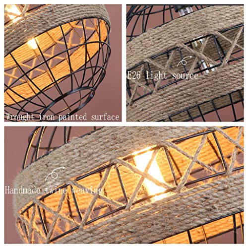 Lustre vintage suspendu E27 cage fer noir et chanvre rustique - 2
