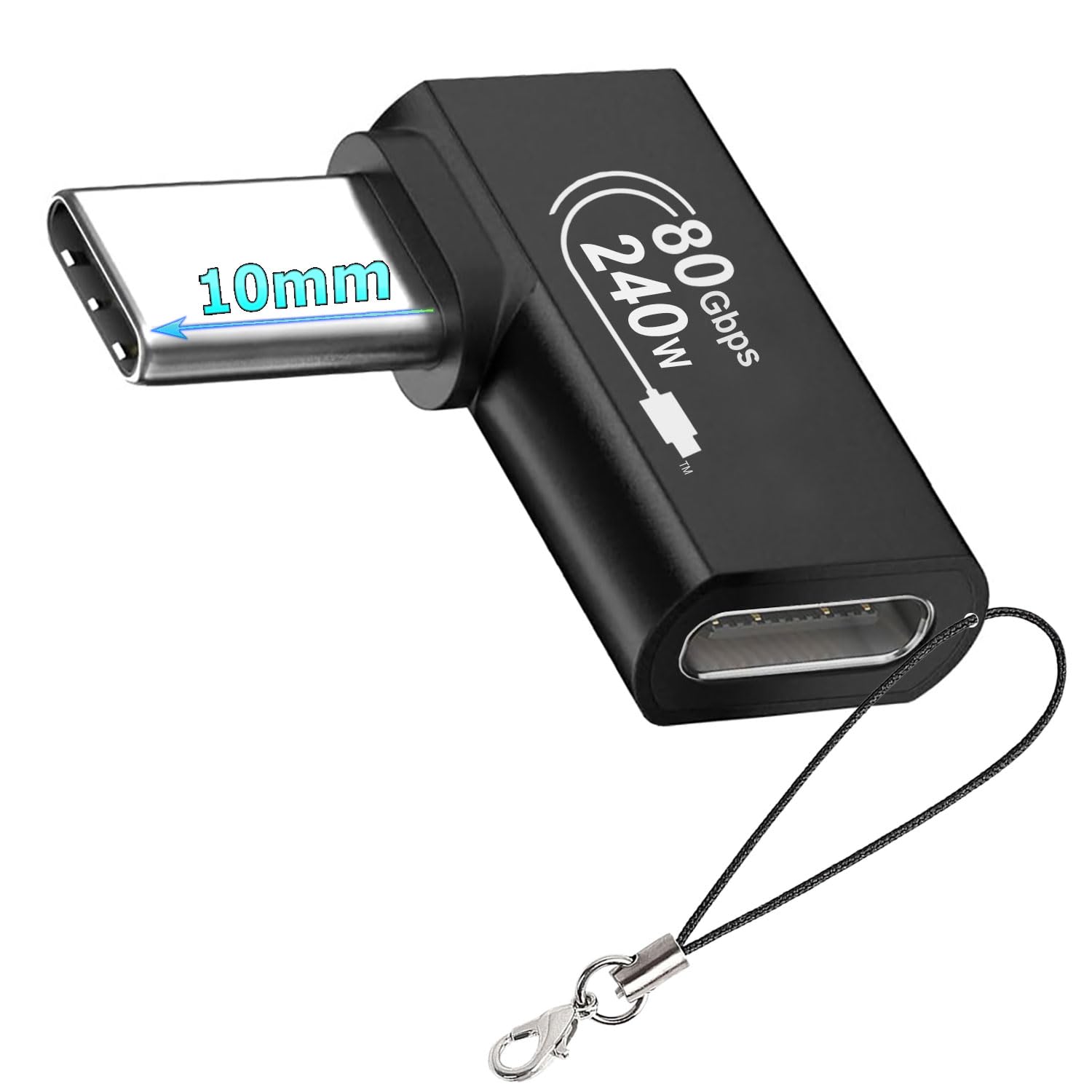 フラットライトアングル 90度 USB-Cオス 10mmチップ - USB-Cメス アダプター、240W PD & 80Gbps 同期 & 8K ビデオ対応 iPhone 17/16/15 シリーズ, Macbook Pro, iPad Pro,Galaxy S26 S25, Redmi Note,Xperia シリーズ、ノートパソコン、頑丈な携帯電話、深い凹型ポート搭載デバイス用