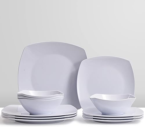Juego de vajilla de melamina, juegos de vajilla cuadrada, platos y cuencos de color blanco para 4, irrompible, apto para lavavajillas, sin BPA