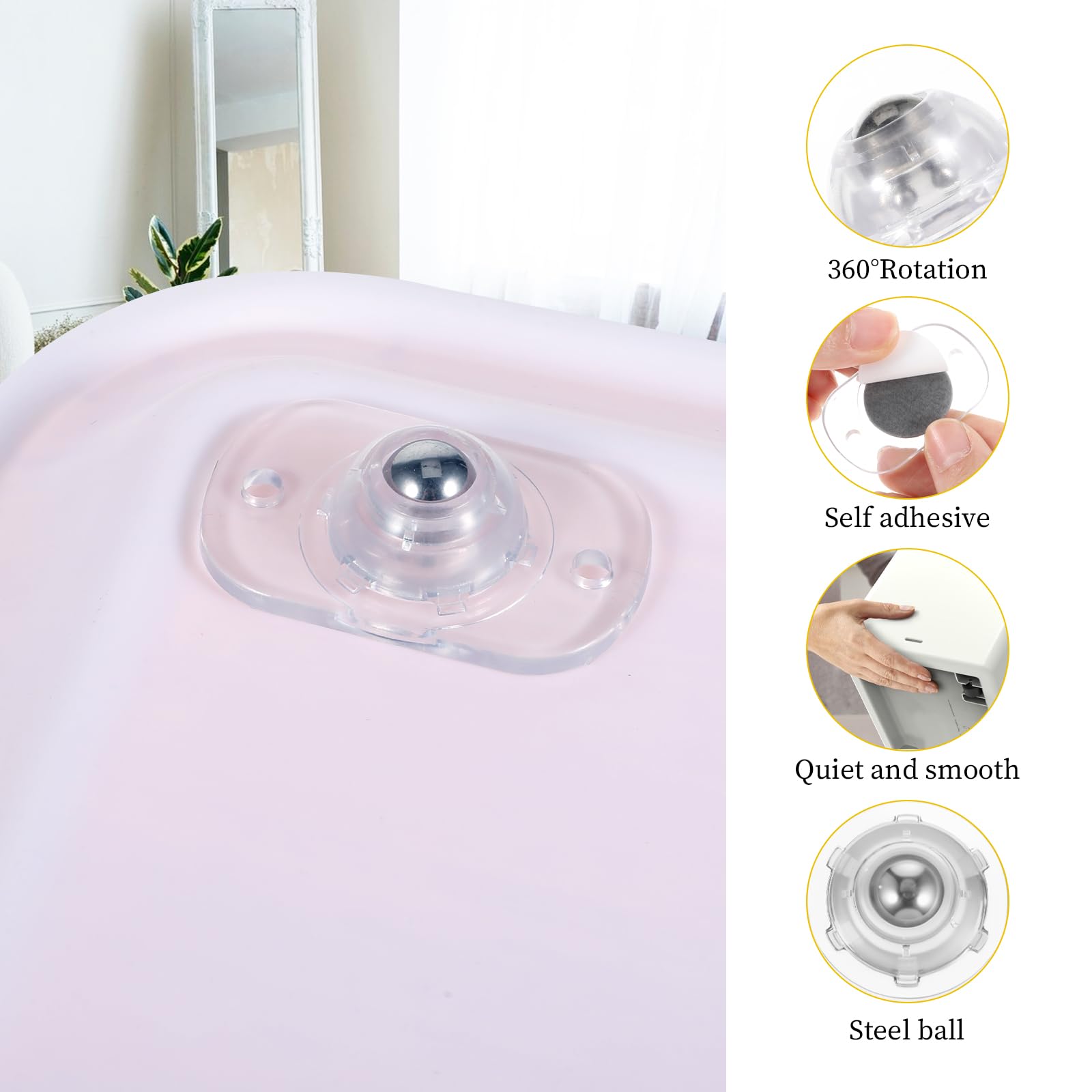 Lot de 8 glissières autocollantes pour appareils de cuisine, mini roulettes en acier, pivotantes à 360°, rouleau de transfert universel pour boîte de rangement, petits meubles (blanc)