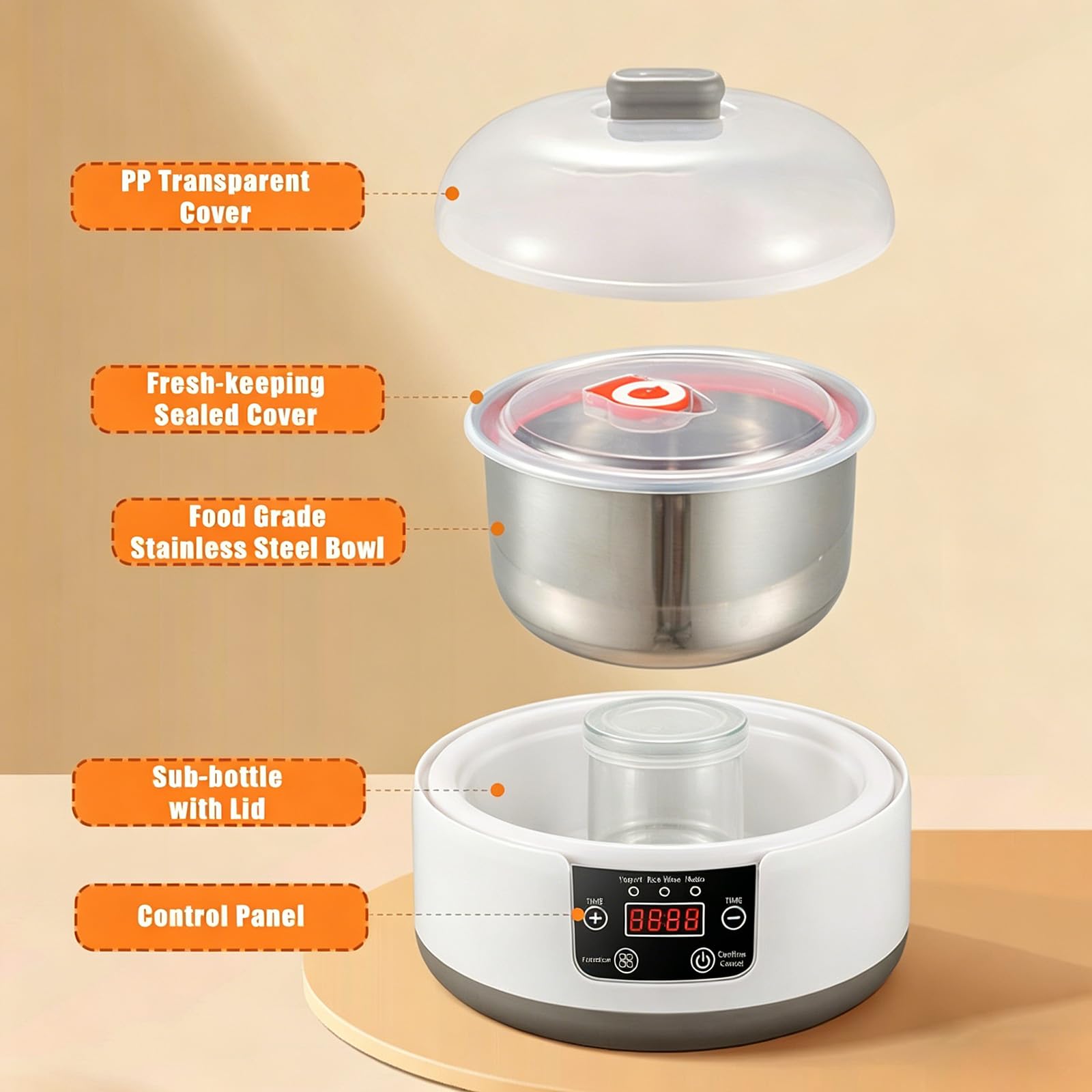 Fabricador de Yogur de 1.2L, Fabricador de Yogur Eléctrico con Pantalla LCD, Tiempo y Temperatura Ajustables, Tarro de Yogur con 5 Tazas, Fabricador de Postres Casero para Yogur Griego Casero