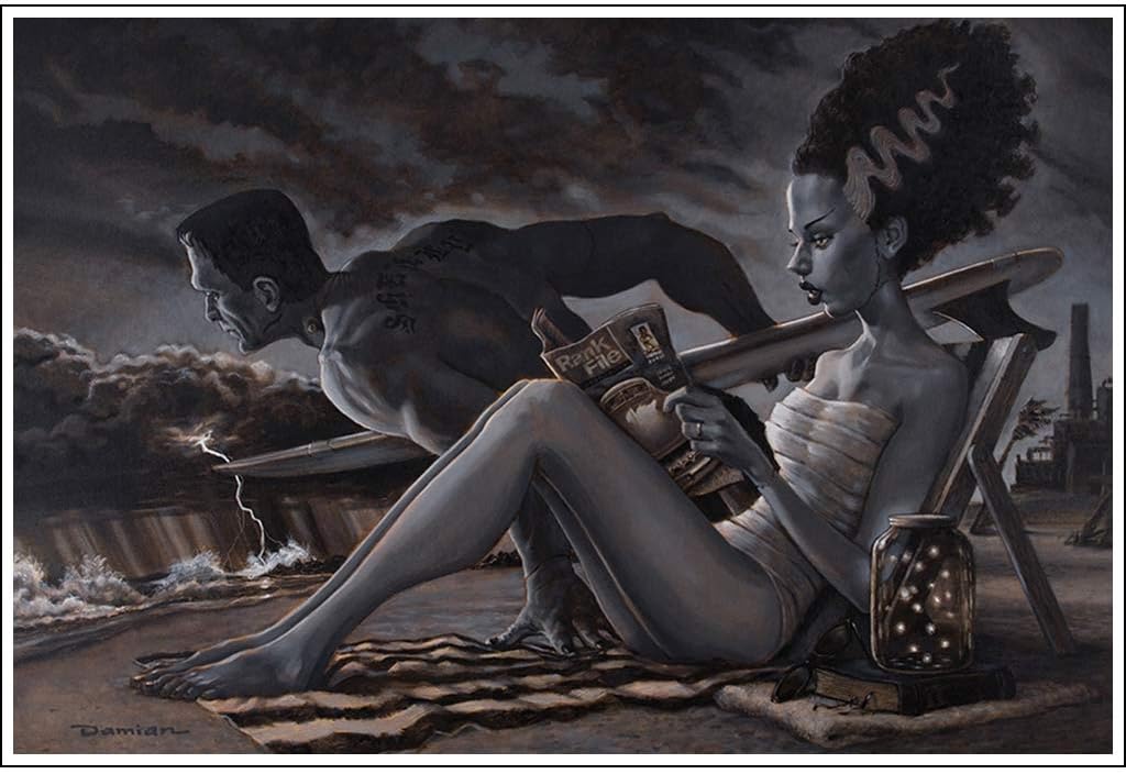 The Bathers by Damian Fulton Bride of Frankenstein Monster Surf Tattoo Art Print