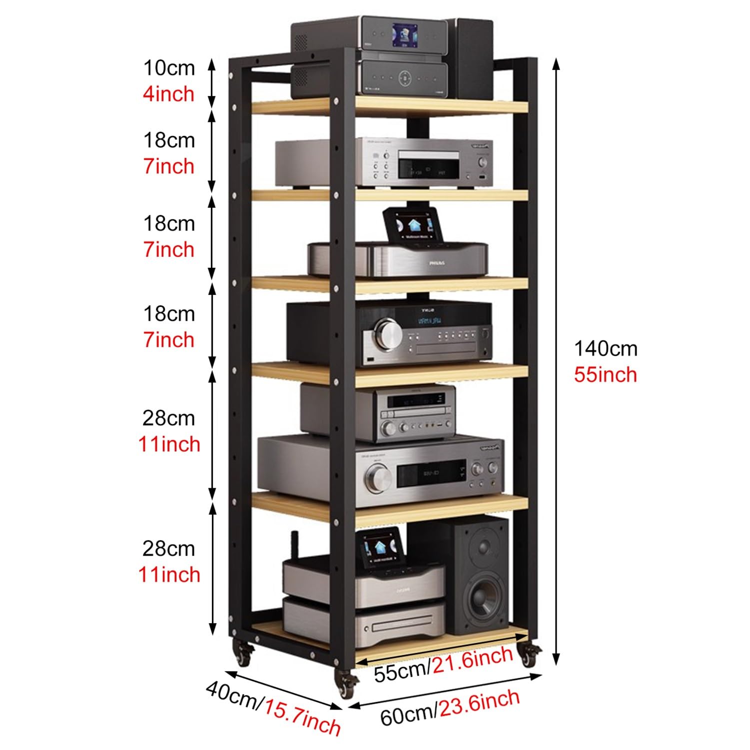 Stojak na sprzęt HiFi, 6-poziomowy, wieża z kółkami i regulowanymi półkami, szafka stereo do pokoju gier/studia nagraniowego (brązowy) (czarny, 60 x 40 x 140 cm)