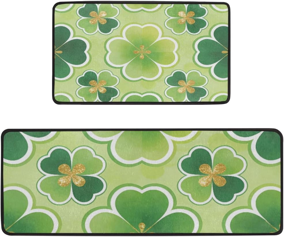 Anti Fatigue Glitter Gradient Clover Kitchen Mats for Floor 2 Piece Set, Waterproof Non Slip Boho Kitchen Floor Rugs, Comfort Standing Mat for Sink Laundry & Home Kitchen 17"x47"+17"x29"