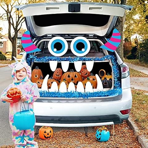 Joy Bang Trunk or Treat Car Decorations Kit, Trunk or Treat Decoartions for SUV, Monster Halloween Car Decorations Decor, Cute with Blue Tinsel Garland Decor and Large Eyes Fangs Cover