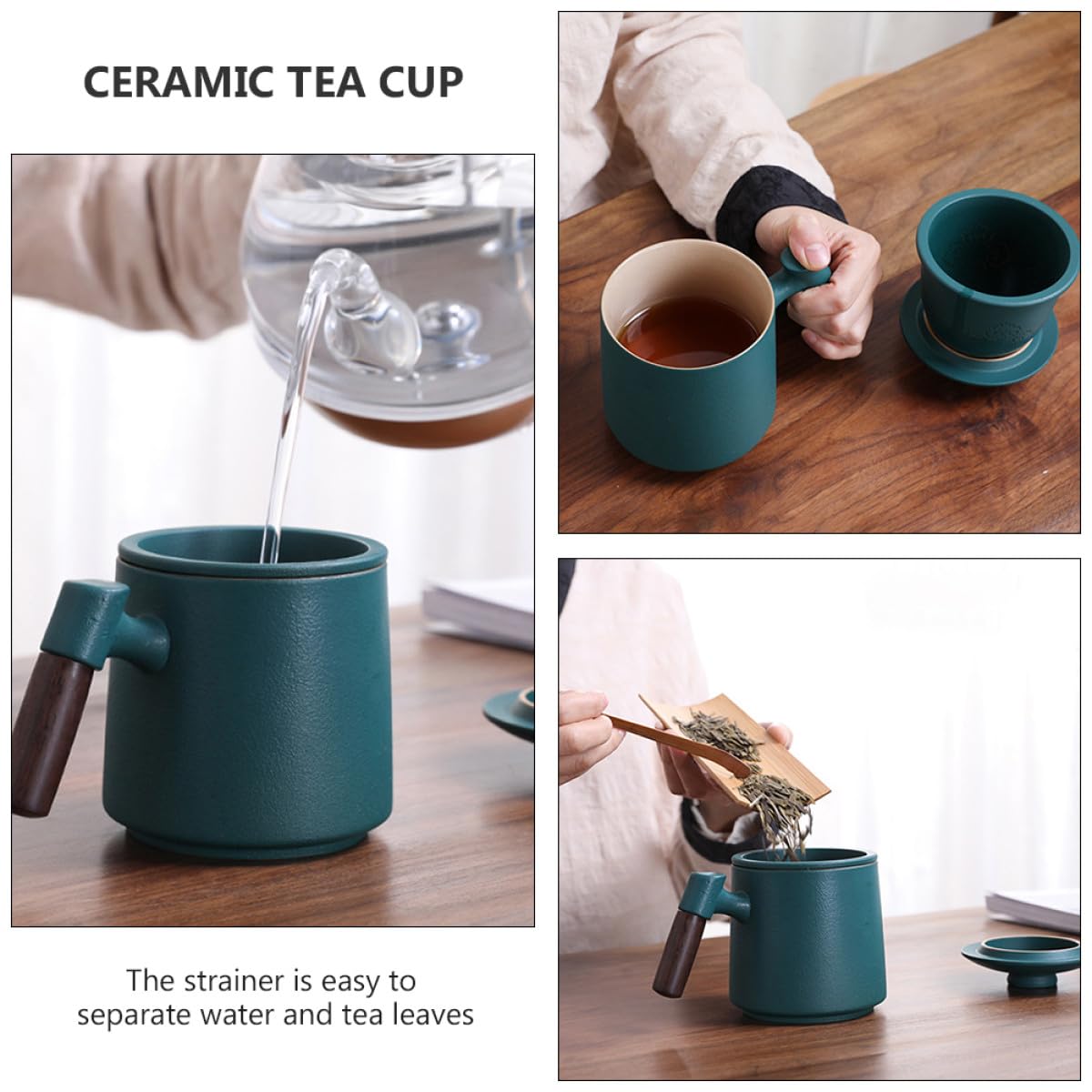 Zerodeko Juego de Tazas de Té de Cerámica Verde de 400ml con Infusor y Tapa, Diseño Clásico Retro, Fácil de Limpiar y Cómodo para Uso Diario