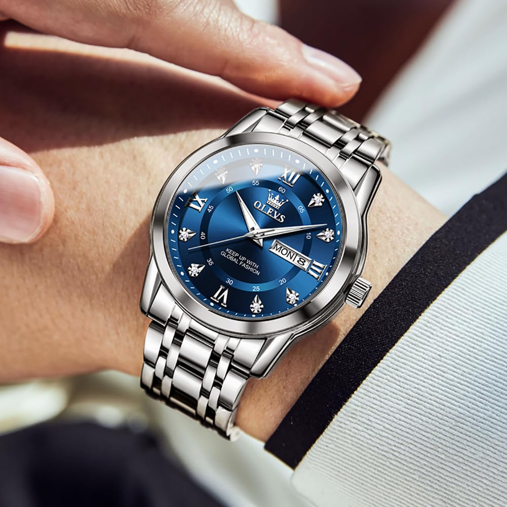 OLEVS Stainless Steel Classic Watches, Large Face Quartz Dress Watches for Men, Easy to Read Men's Waterproof Watch with Day and Date, Blue/Black/Silver/Gold/Grey Dial