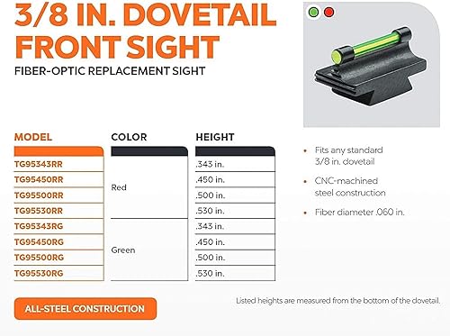 Miniatura 6 de Mira de pistola de acero de 38 pulgadas de riel frontal de sustitución de fibra óptica, rampa de mira de altura opcional, rojaverde