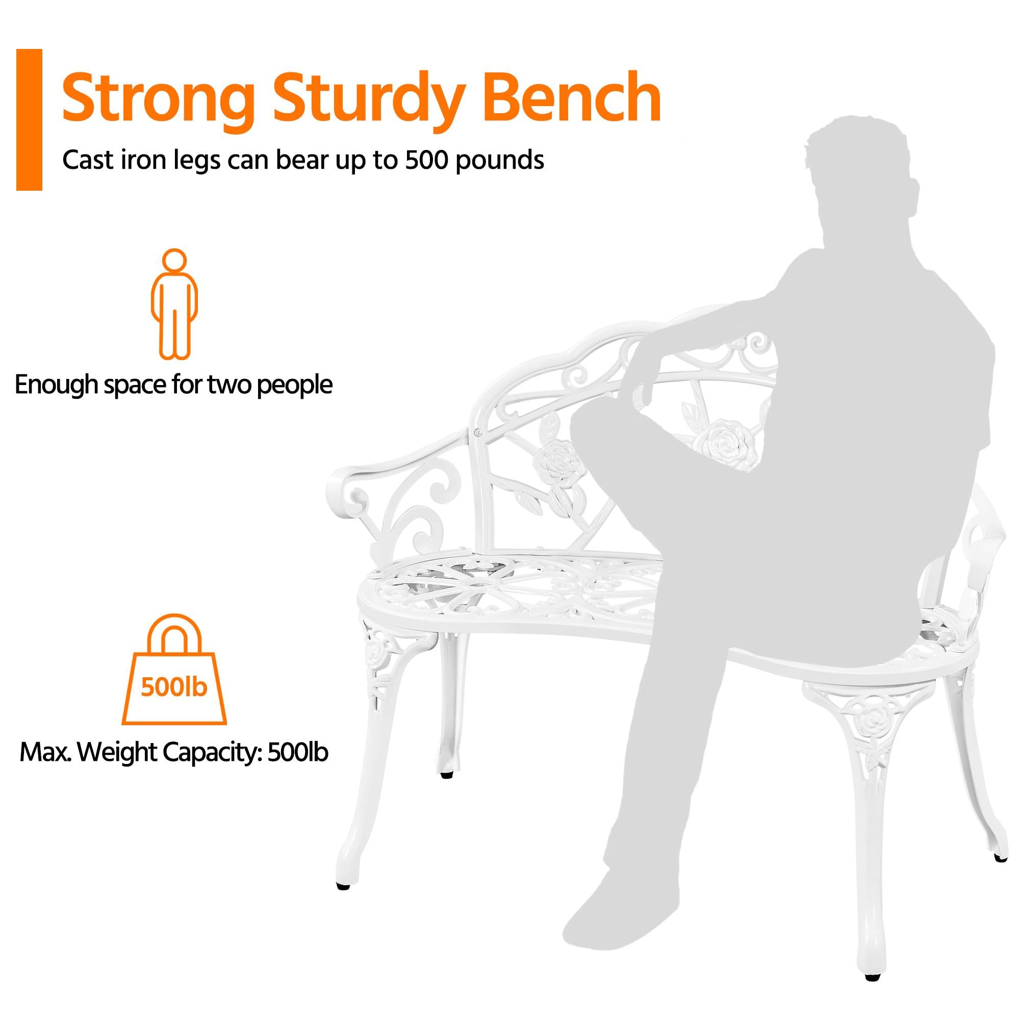 Diagram showing the bench with a maximum weight capacity of 500 lbs and space for two people