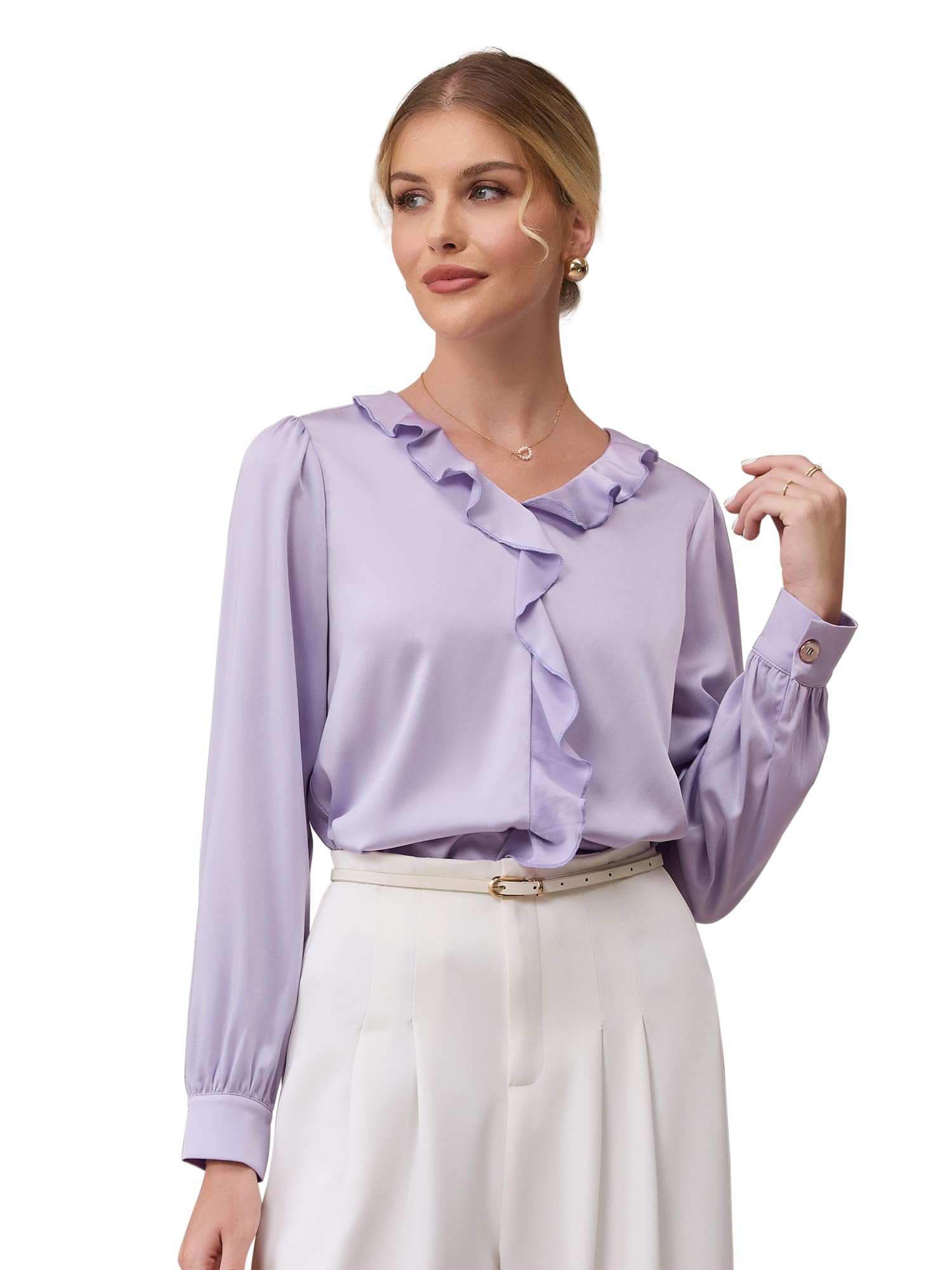 Hobemty Mujer Blusa Casual de Satén con Escote en V con Volante Manga Larga