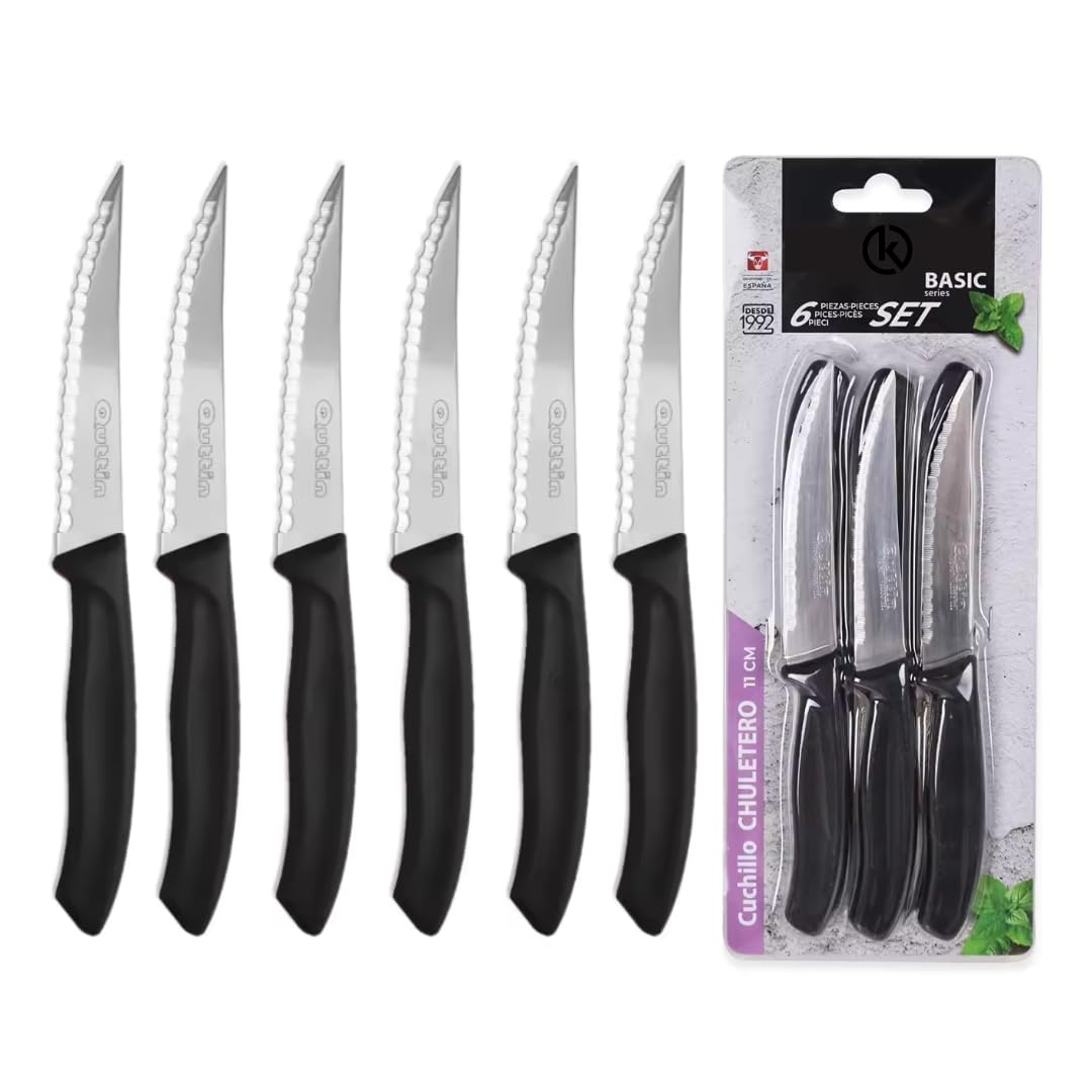 KROWN - Set de 6 Cuchillos, Pack de 6 Cuchillos Bistec Sierra de Uso Diario. Juego de 6 Cuchillos de Carne. Mango Negro Resistente y Duradero. Cuchillo Apto para Mesa Carne, Chuleteros, Cocina.