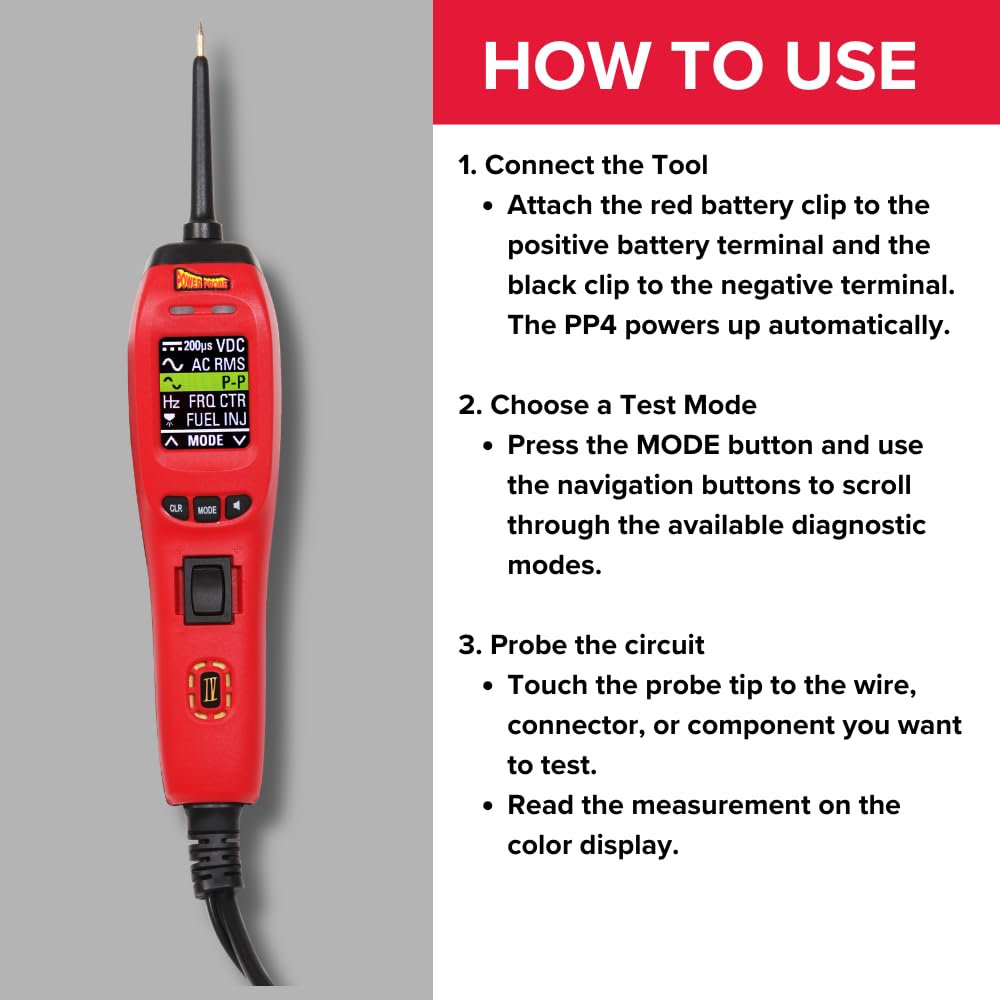 Power Probe 4 PP401AS Stromkreistester mit Farb-LCD-Multimeter | Strom und Masse an der Spitze, 8 Modi, Farb-LCD, Einspritzdüsen- und Treibertest, 7m Kabel, 8A Auto-Reset, 12-24V