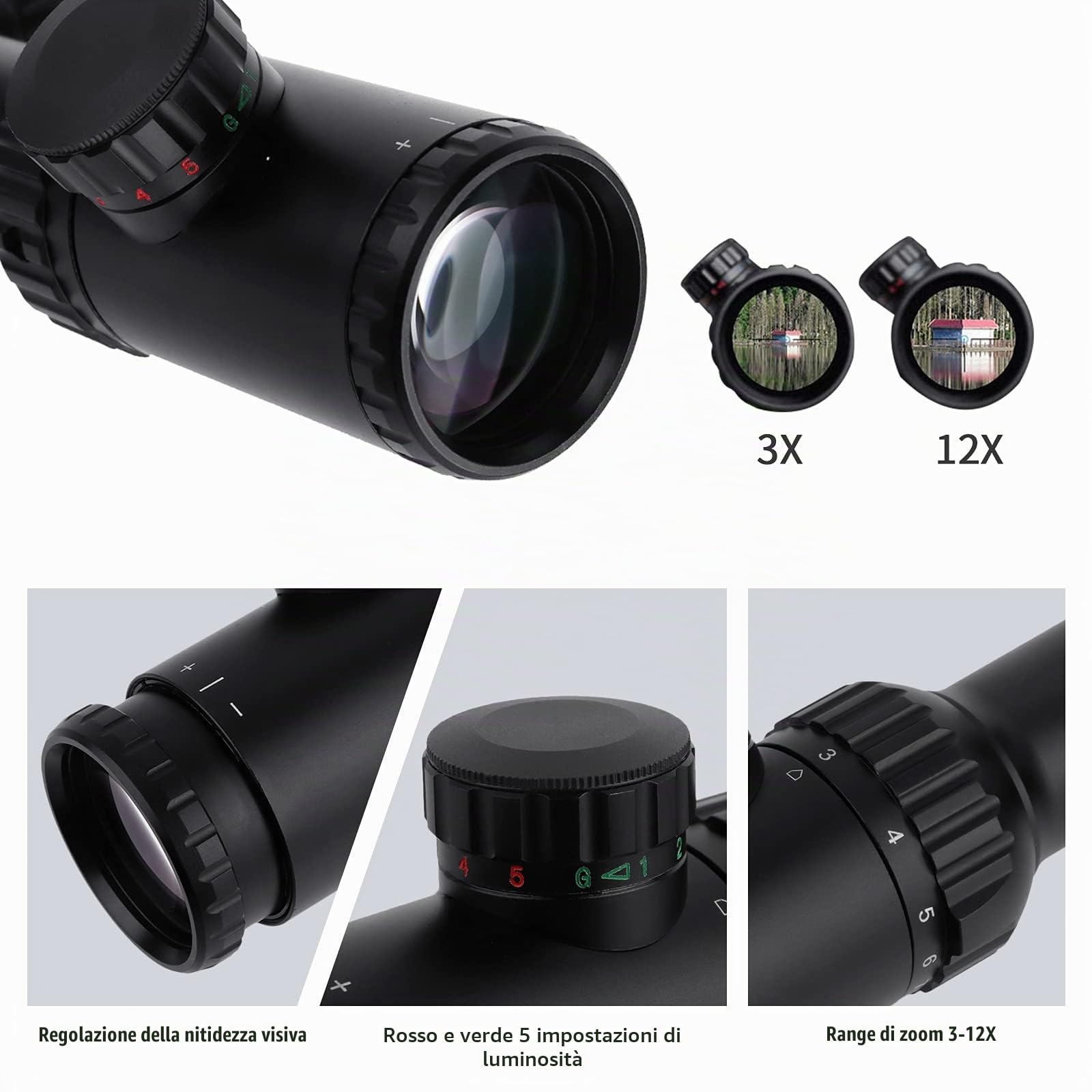 3-12X42SF Cannocchiale da cecchino Tactical Sniper Scope Green Coating 1/4 MOA Mid-Range con Supporti per Guida Picatinny da 20 mm e 11 mm per Sport all'Aria Aperta