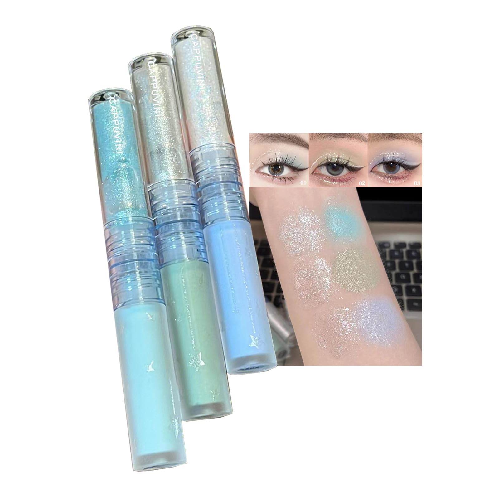 Liquid Shimmering Eyeliner, Shimmering Mascara, Teal Metallic Shimmering Eyeshadow Pencil Set