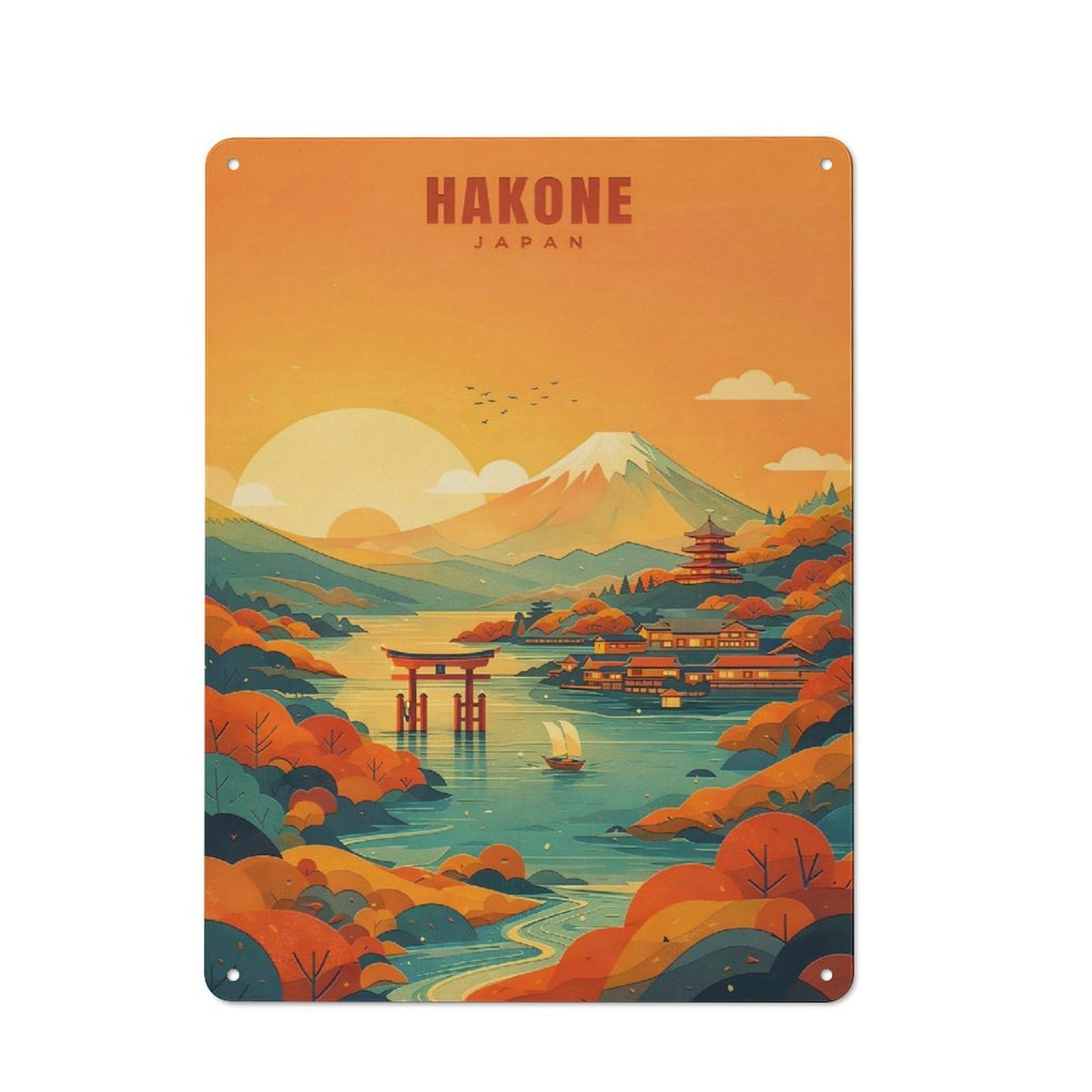 Junmoney Style-1 Vintage Metal Plaque 40X30cm Featuring Hakone Japan Landscape, Diner Style Decor For Restaurant, Kitchen, Counter Or Breakfast Nook