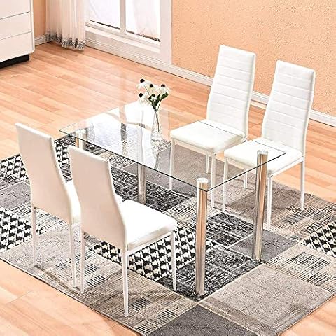 Redd Royal Dining Table Set with Tempered Glass Top and PU Leather Chairs, 5Pcs Dining Table and Chair Set, Kitchen Room Glass Table with 4 Chairs, Clear & White (Clear Glass Table Set) Cover