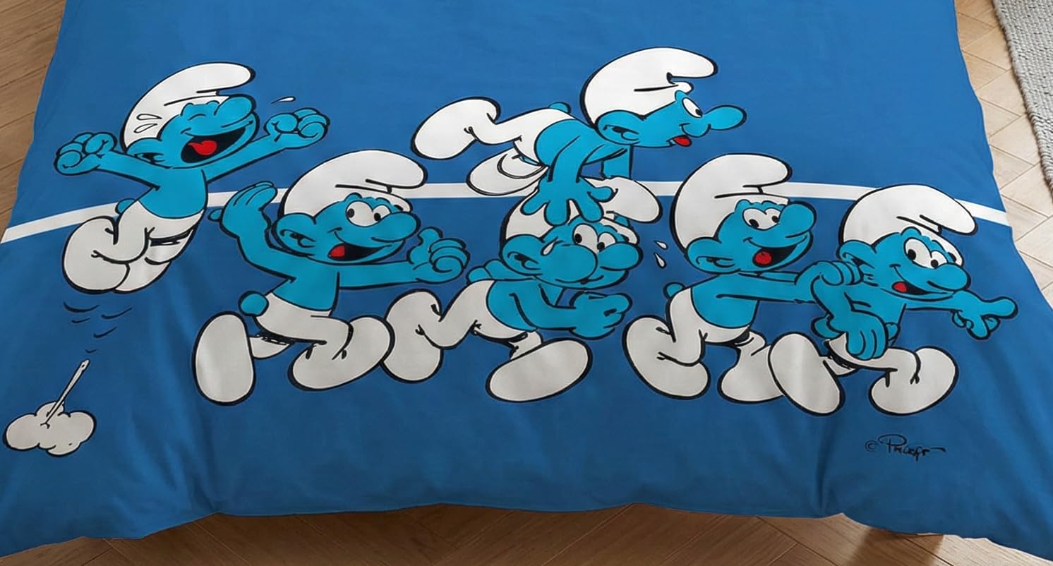 Aymax Komplet pościeli smerfowej dla dzieci, dla 1 osoby, poszwa na kołdrę 140 x 200 cm + poszewka na poduszkę 65 x 65 cm, 100% bawełna