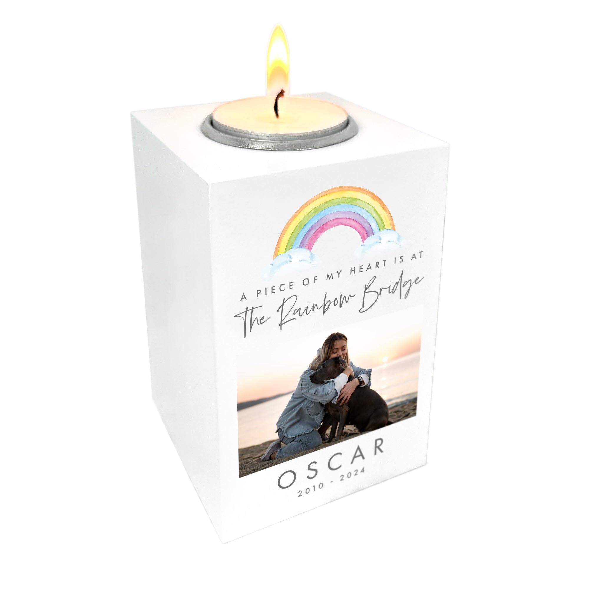 The Lovely Keepsake Company White, Rainbow Personalised Watercolour Rainbow Pet Memorial Photo White Tea Light Holder - Custom Photo & Message | Sympathy Gift For Pet Loss | W7cm X D7cm X H10cm