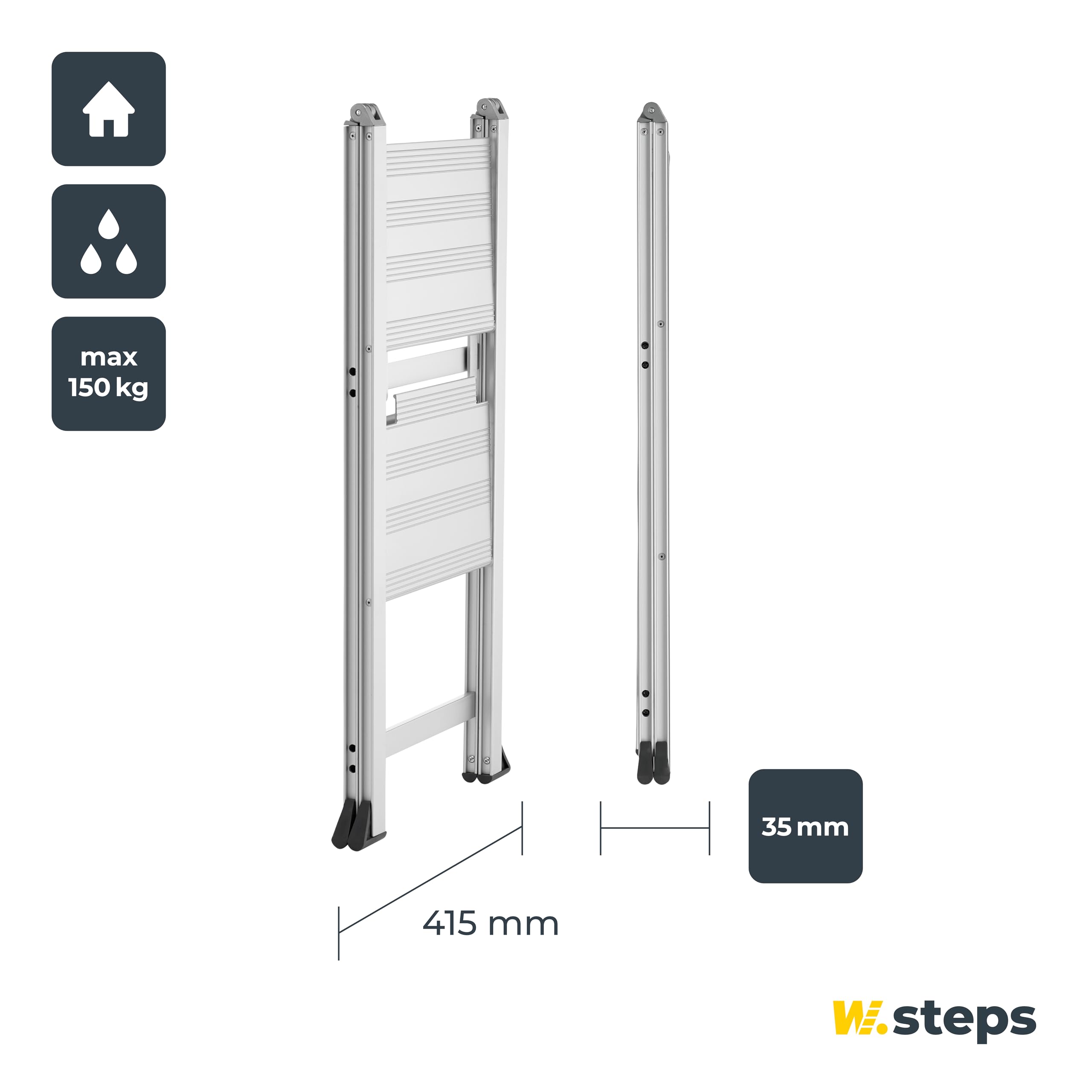 Alu Trittleiter Vikingstep Mini von W.Steps I 480mm hoch I Belastbar bis 150kg I Kompakte Aluminium Klapptrittleiter mit 2 Stufen I Nur 35mm breit I 728141