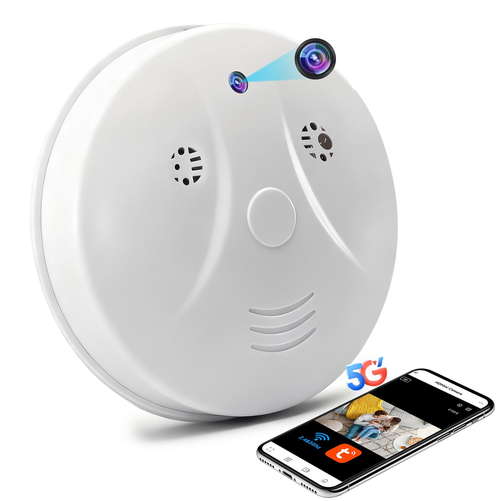 Caméra Cachée WiFi 2,4 et 5G, Caméra Espion WiFi Détecteur de Fumée, Mini Camera Espion Cachée HD 1080P avec Vision Nocturne et Détection de Mouvement pour la Sécurité Domestique