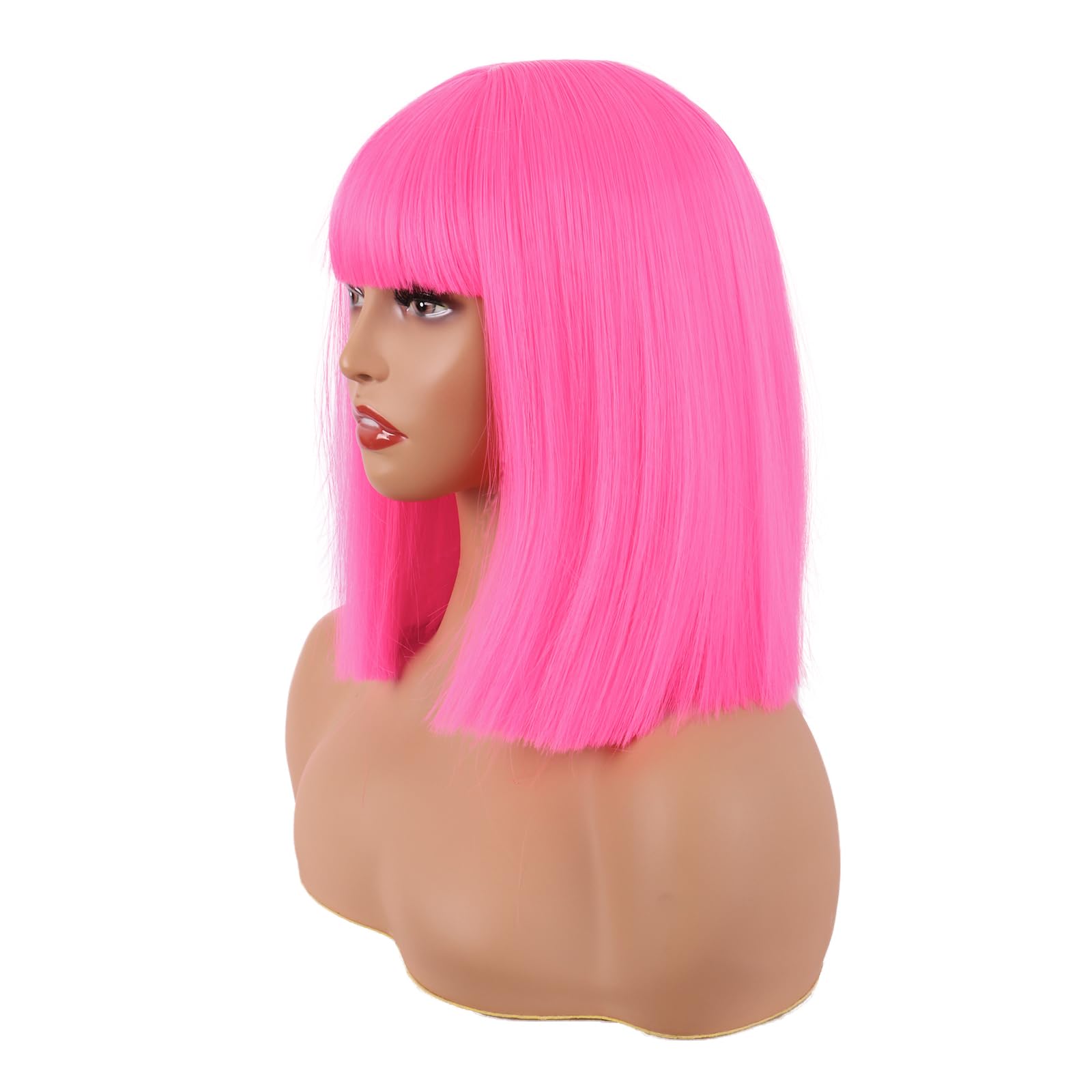 MapofBeauty 12 Inch/30 cm Straight Bob Flat Bangs Short Colorful Synthetic Hair Cosplay Party Wig (Neon Pink) - Image 3