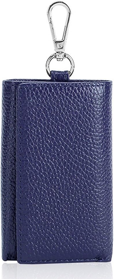 Unisex Compact Premium Leather Key Case Wallet Keychain Key Holder Ring with 6 Hanging Buckle Hooks Snap Closure, Blue